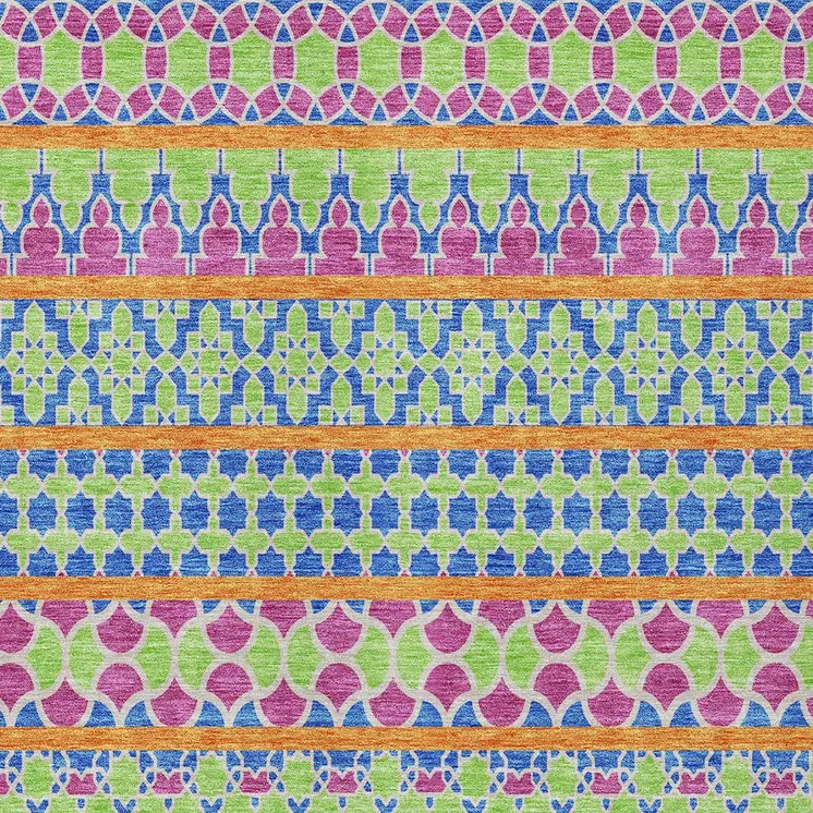 8' X 10' Blush Blue And Lime Green Quatrefoil Washable Indoor Outdoor Area Rug