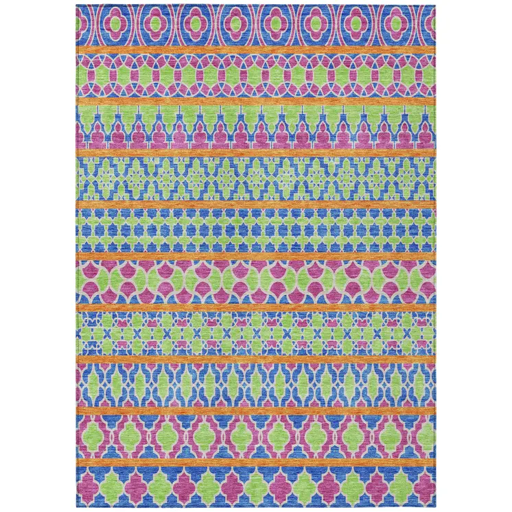 9' X 12' Blush Blue And Lime Green Quatrefoil Washable Indoor Outdoor Area Rug