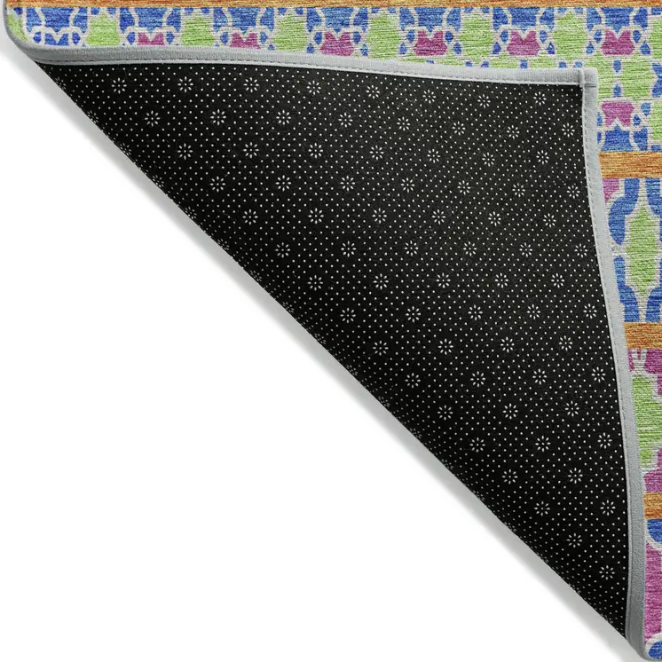 9' X 12' Blush Blue And Lime Green Quatrefoil Washable Indoor Outdoor Area Rug