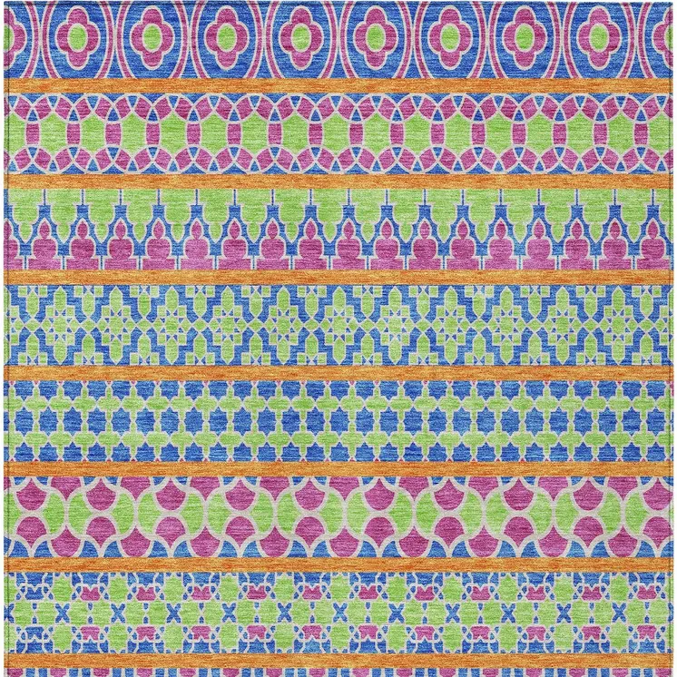 9' X 12' Blush Blue And Lime Green Quatrefoil Washable Indoor Outdoor Area Rug