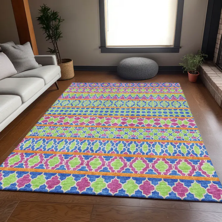 9' X 12' Blush Blue And Lime Green Quatrefoil Washable Indoor Outdoor Area Rug