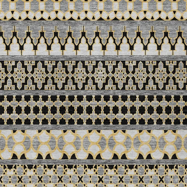 3' X 5' Charcoal Gray And Gold Quatrefoil Washable Indoor Outdoor Area Rug