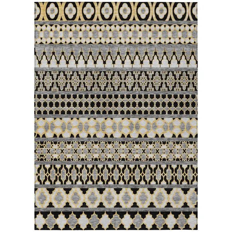 5' X 8' Charcoal Gray And Gold Quatrefoil Washable Indoor Outdoor Area Rug