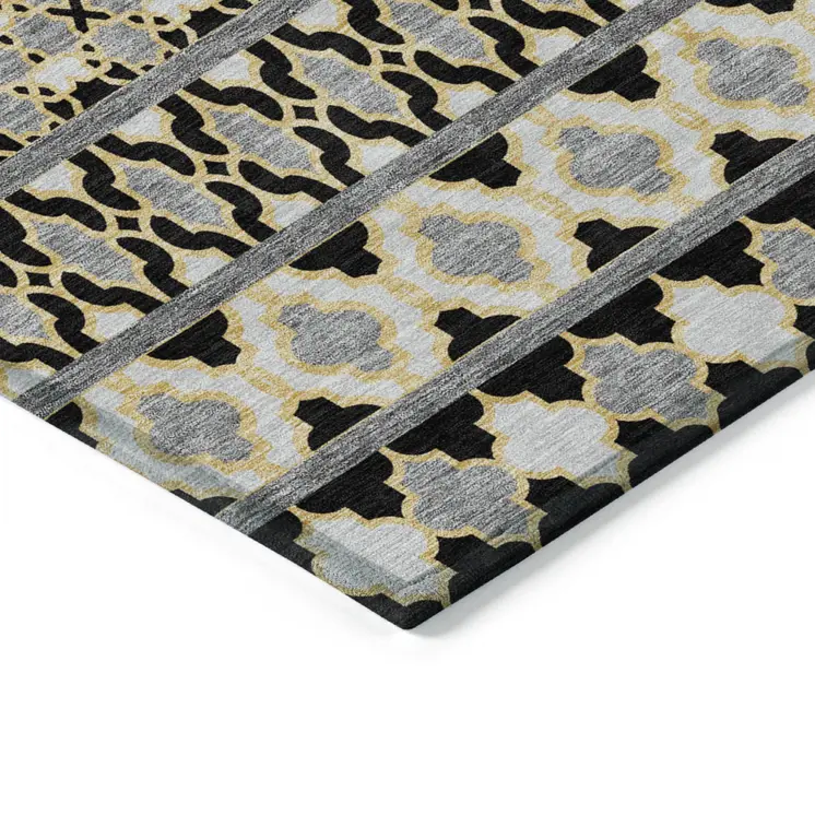5' X 8' Charcoal Gray And Gold Quatrefoil Washable Indoor Outdoor Area Rug