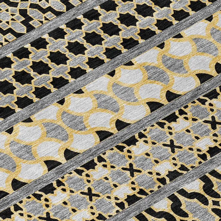 5' X 8' Charcoal Gray And Gold Quatrefoil Washable Indoor Outdoor Area Rug