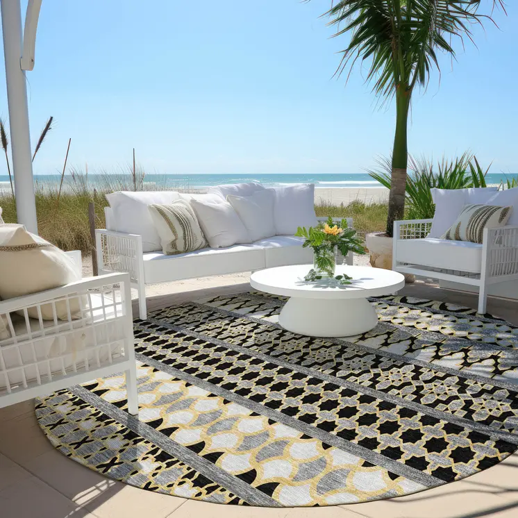 8' Charcoal Gray And Gold Round Quatrefoil Washable Indoor Outdoor Area Rug