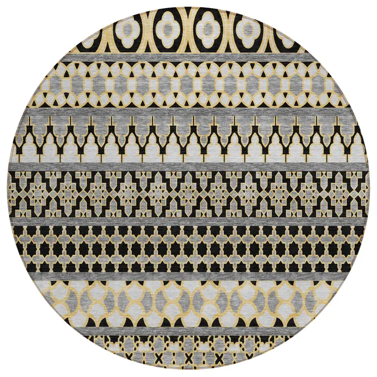 8' Charcoal Gray And Gold Round Quatrefoil Washable Indoor Outdoor Area Rug