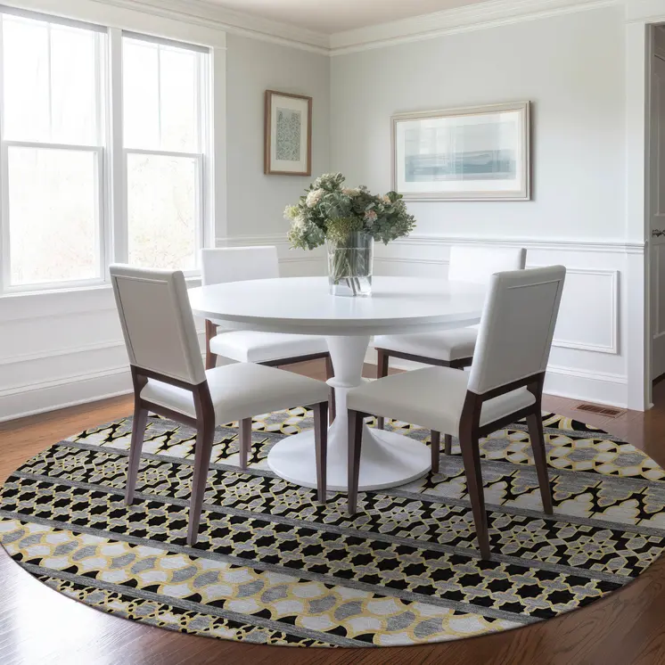 8' Charcoal Gray And Gold Round Quatrefoil Washable Indoor Outdoor Area Rug