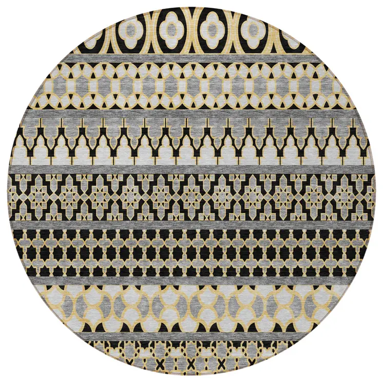8' Charcoal Gray And Gold Round Quatrefoil Washable Indoor Outdoor Area Rug