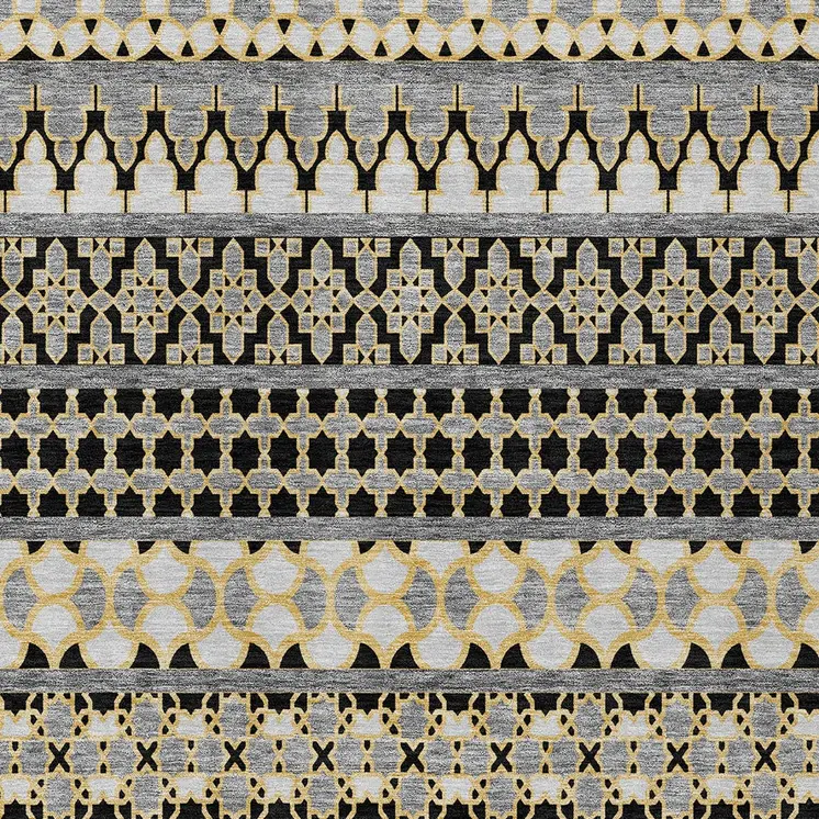 9' X 12' Charcoal Gray And Gold Quatrefoil Washable Indoor Outdoor Area Rug