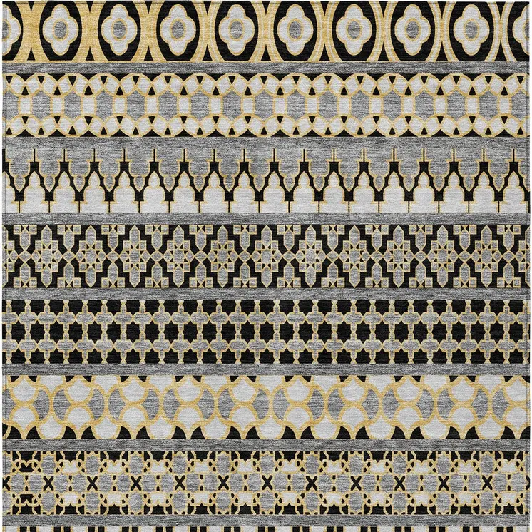 10' X 14' Charcoal Gray And Gold Quatrefoil Washable Indoor Outdoor Area Rug