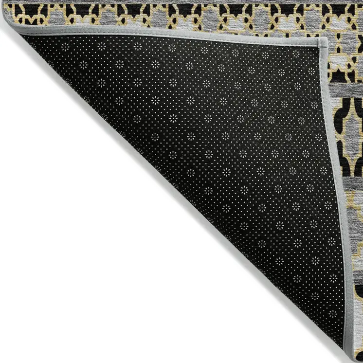 10' X 14' Charcoal Gray And Gold Quatrefoil Washable Indoor Outdoor Area Rug
