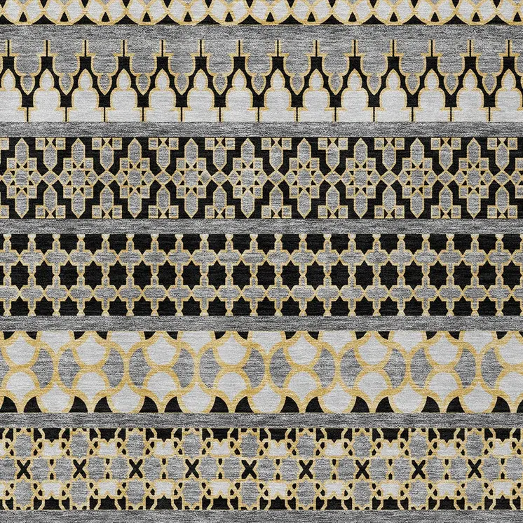 10' X 14' Charcoal Gray And Gold Quatrefoil Washable Indoor Outdoor Area Rug