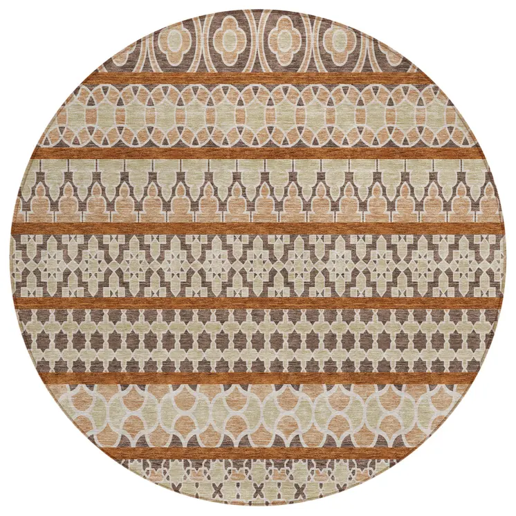 8' Chocolate And Taupe Round Quatrefoil Washable Indoor Outdoor Area Rug