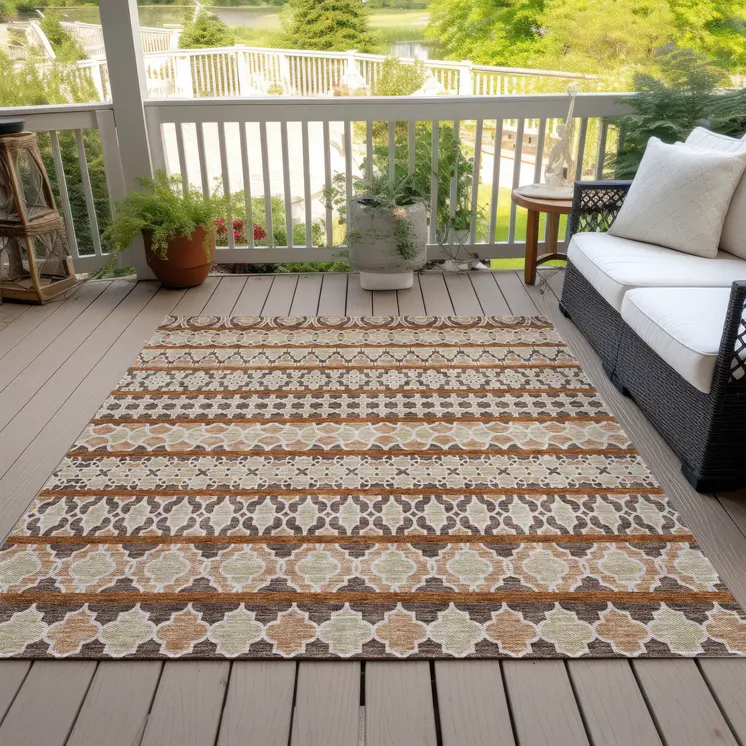 10' X 14' Chocolate And Taupe Quatrefoil Washable Indoor Outdoor Area Rug