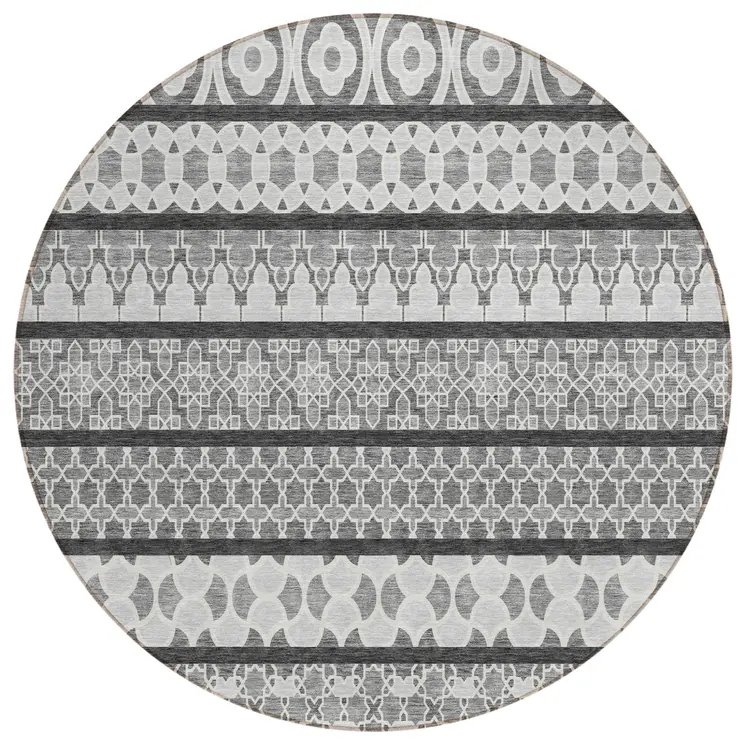 8' Gray Charcoal And Silver Round Quatrefoil Washable Indoor Outdoor Area Rug