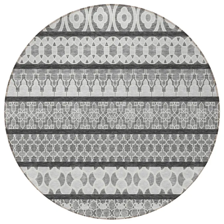 8' Gray Charcoal And Silver Round Quatrefoil Washable Indoor Outdoor Area Rug