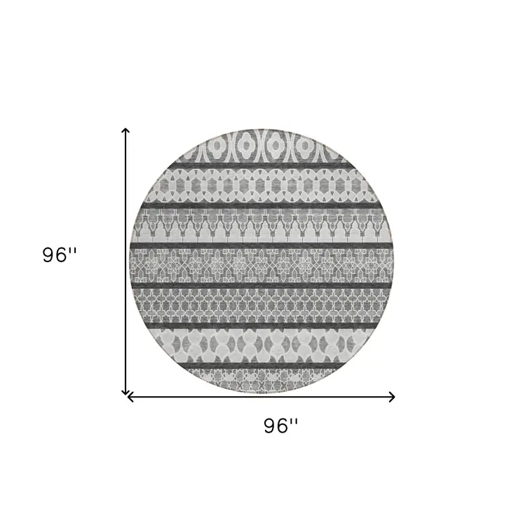 8' Gray Charcoal And Silver Round Quatrefoil Washable Indoor Outdoor Area Rug