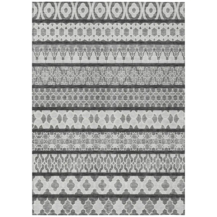 8' X 10' Gray Charcoal And Silver Quatrefoil Washable Indoor Outdoor Area Rug