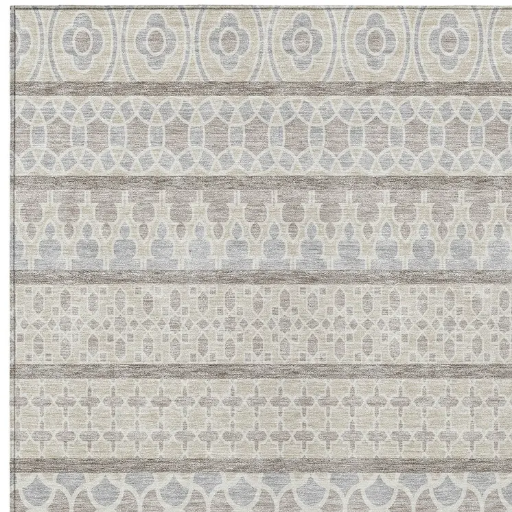 3' X 5' Ivory Beige And Taupe Quatrefoil Washable Indoor Outdoor Area Rug