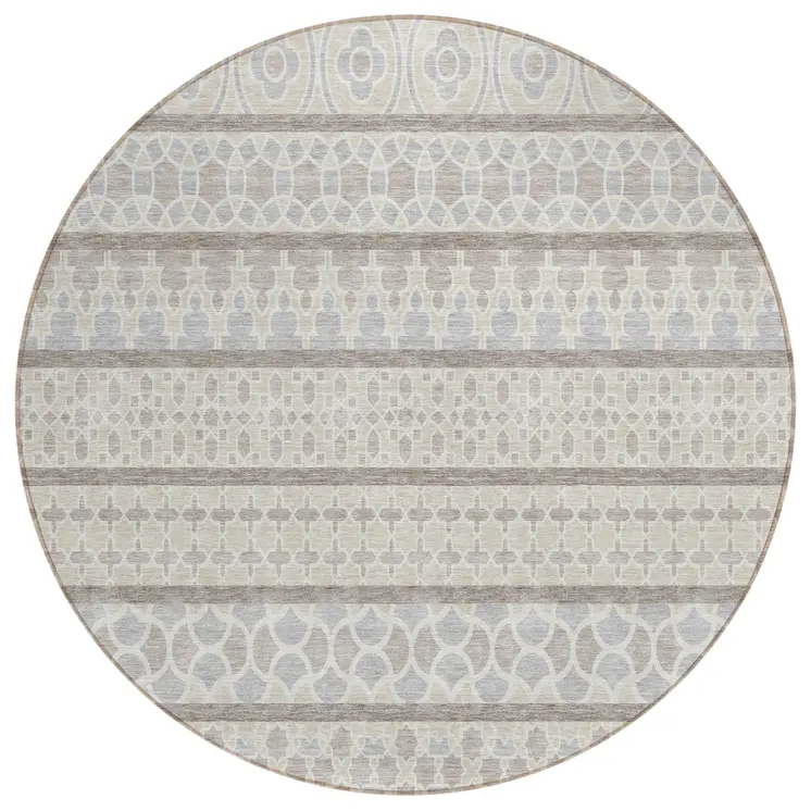 8' Ivory Beige And Taupe Round Quatrefoil Washable Indoor Outdoor Area Rug