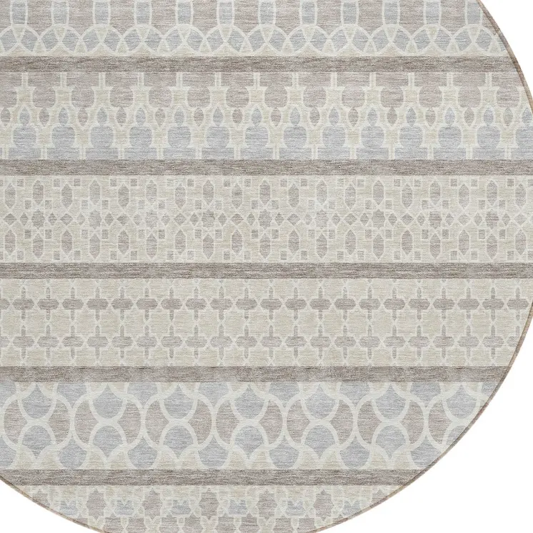 8' Ivory Beige And Taupe Round Quatrefoil Washable Indoor Outdoor Area Rug