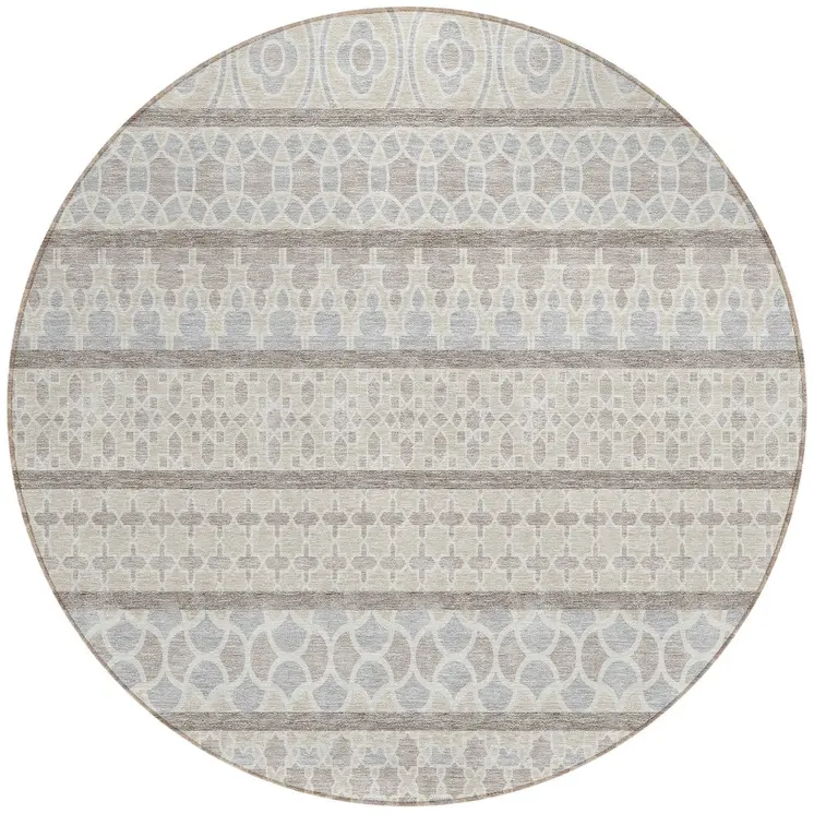 8' Ivory Beige And Taupe Round Quatrefoil Washable Indoor Outdoor Area Rug