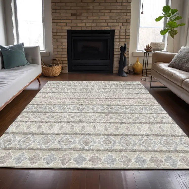 10' X 14' Ivory Beige And Taupe Quatrefoil Washable Indoor Outdoor Area Rug