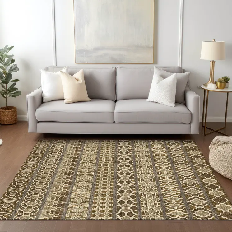 3' X 5' Brown And Taupe Quatrefoil Washable Indoor Outdoor Area Rug