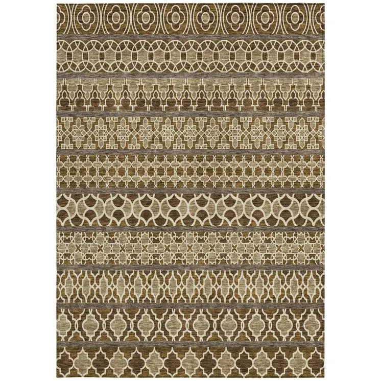 5' X 8' Brown And Taupe Quatrefoil Washable Indoor Outdoor Area Rug