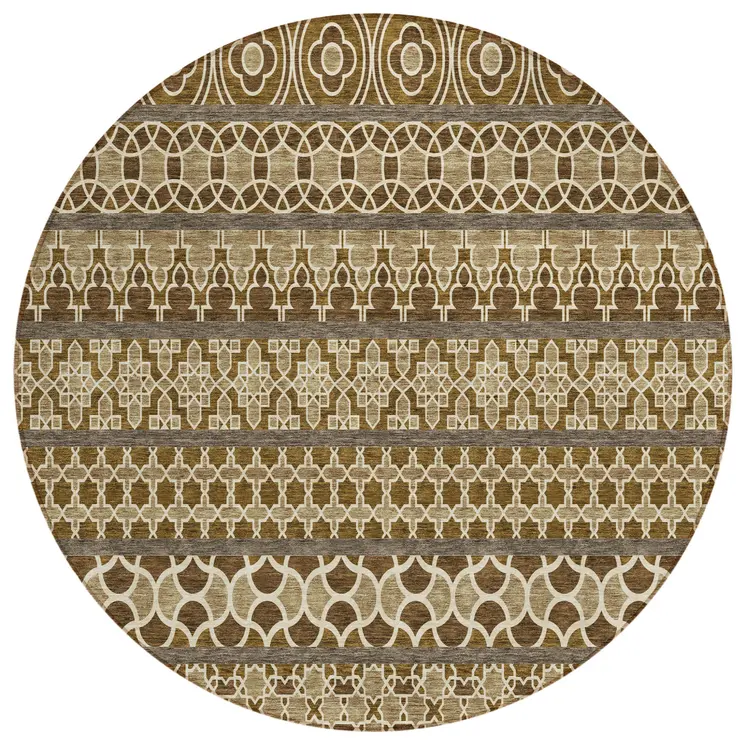 8' Brown And Taupe Round Quatrefoil Washable Indoor Outdoor Area Rug
