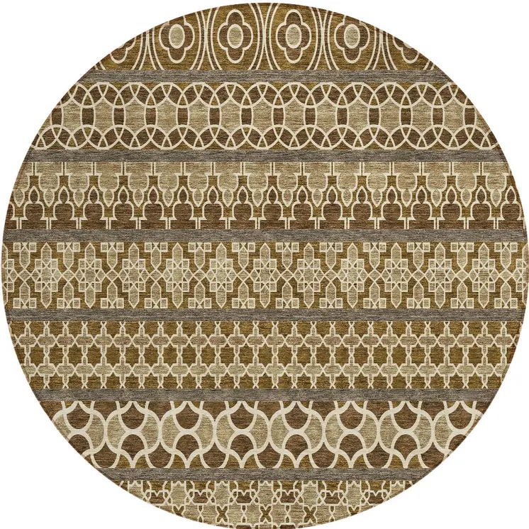 8' Brown And Taupe Round Quatrefoil Washable Indoor Outdoor Area Rug