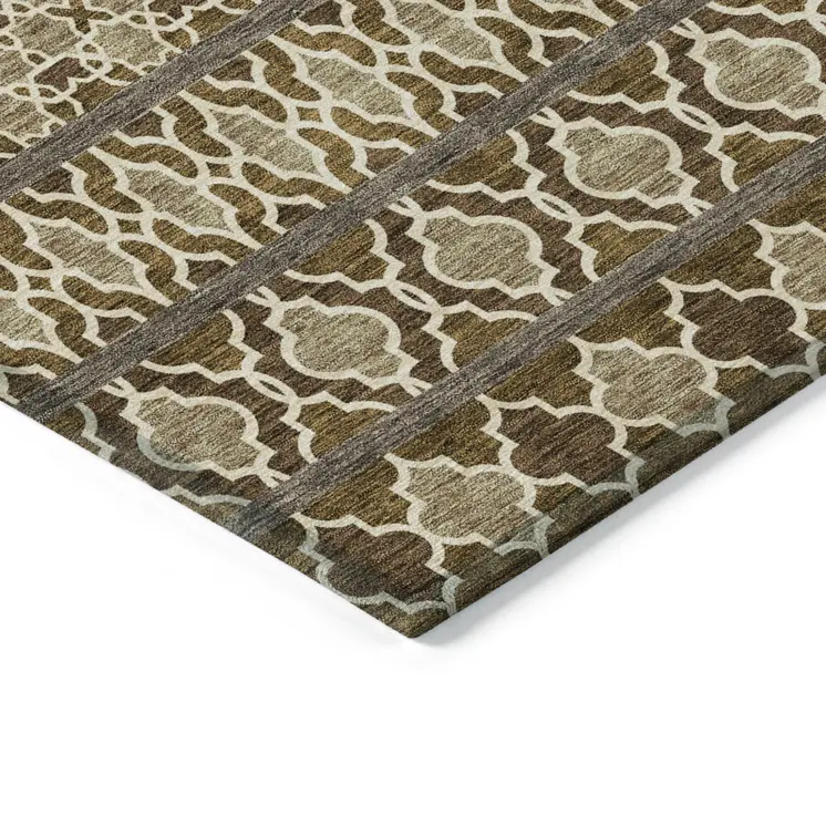 10' X 14' Brown And Taupe Quatrefoil Washable Indoor Outdoor Area Rug