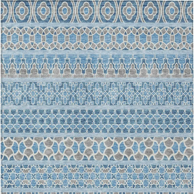 5' X 8' Sky Blue And Denim Blue Quatrefoil Washable Indoor Outdoor Area Rug