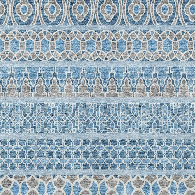 5' X 8' Sky Blue And Denim Blue Quatrefoil Washable Indoor Outdoor Area Rug