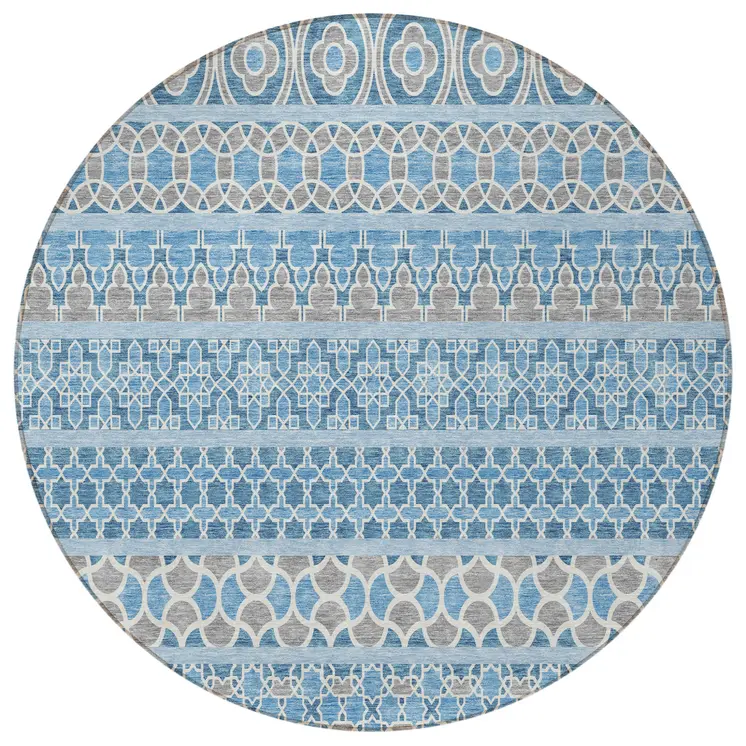 8' Sky Blue And Denim Blue Round Quatrefoil Washable Indoor Outdoor Area Rug