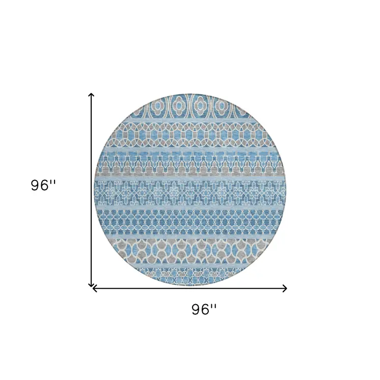 8' Sky Blue And Denim Blue Round Quatrefoil Washable Indoor Outdoor Area Rug