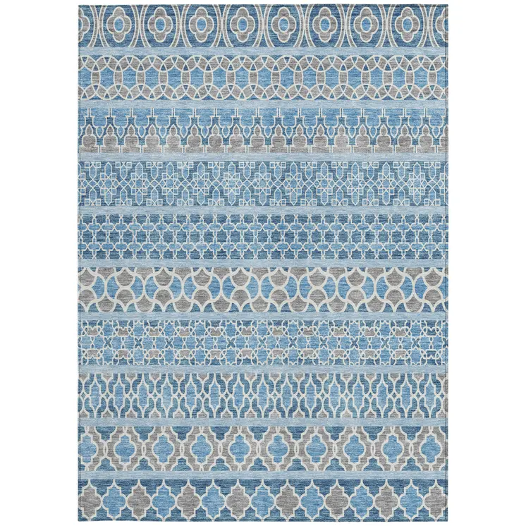 8' X 10' Sky Blue And Denim Blue Quatrefoil Washable Indoor Outdoor Area Rug