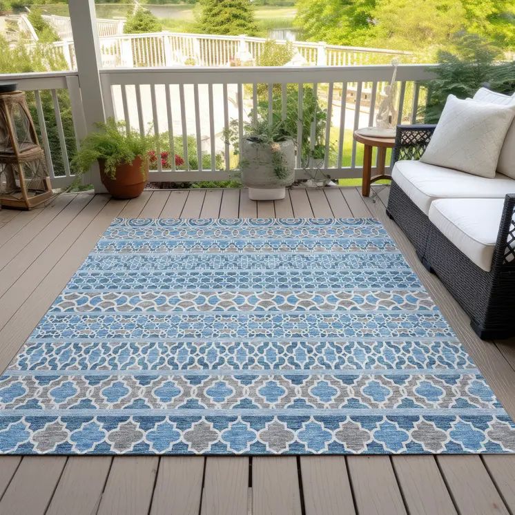 8' X 10' Sky Blue And Denim Blue Quatrefoil Washable Indoor Outdoor Area Rug