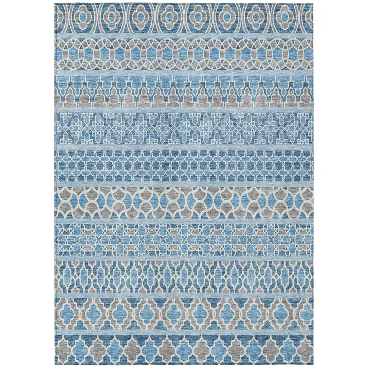 8' X 10' Sky Blue And Denim Blue Quatrefoil Washable Indoor Outdoor Area Rug