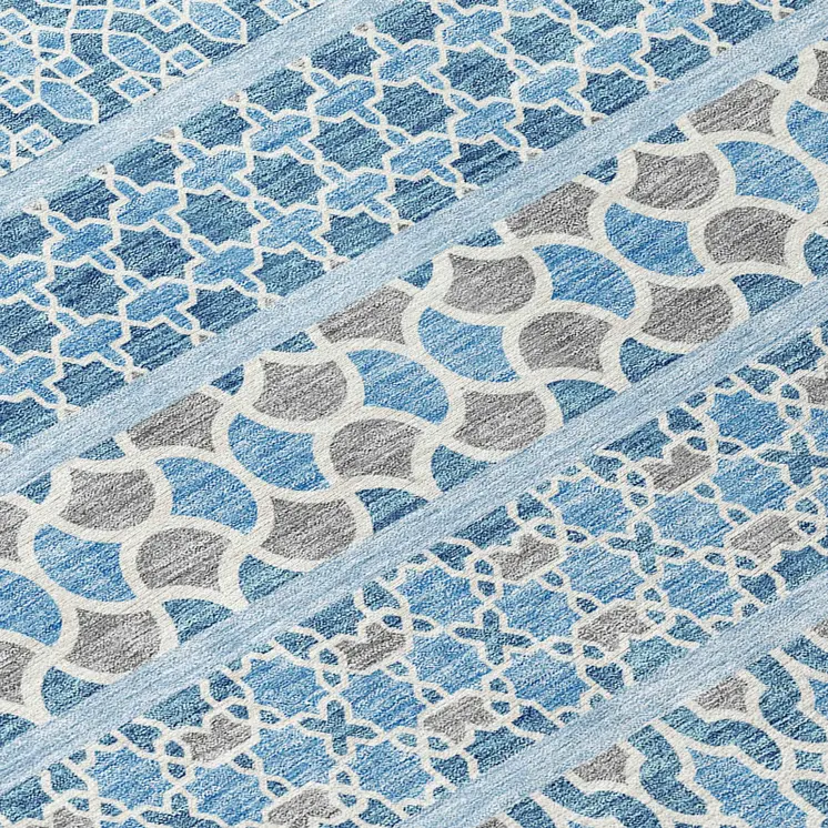 8' X 10' Sky Blue And Denim Blue Quatrefoil Washable Indoor Outdoor Area Rug