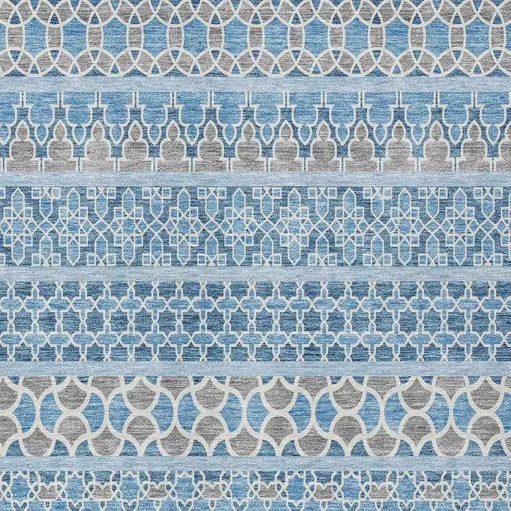 9' X 12' Sky Blue And Denim Blue Quatrefoil Washable Indoor Outdoor Area Rug
