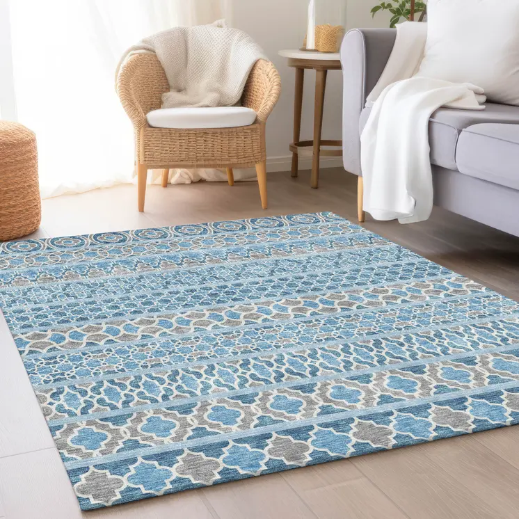 10' X 14' Sky Blue And Denim Blue Quatrefoil Washable Indoor Outdoor Area Rug