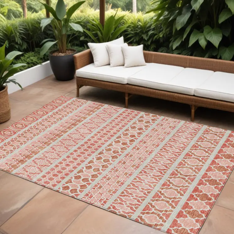 10' X 14' Salmon Beige And Copper Quatrefoil Washable Indoor Outdoor Area Rug