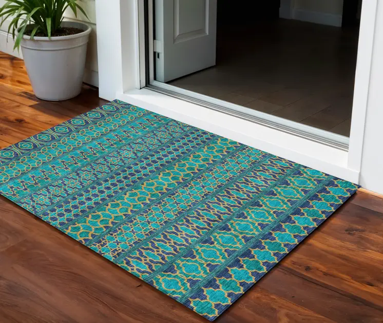 3' X 5' Teal Blue And Navy Blue Quatrefoil Washable Indoor Outdoor Area Rug