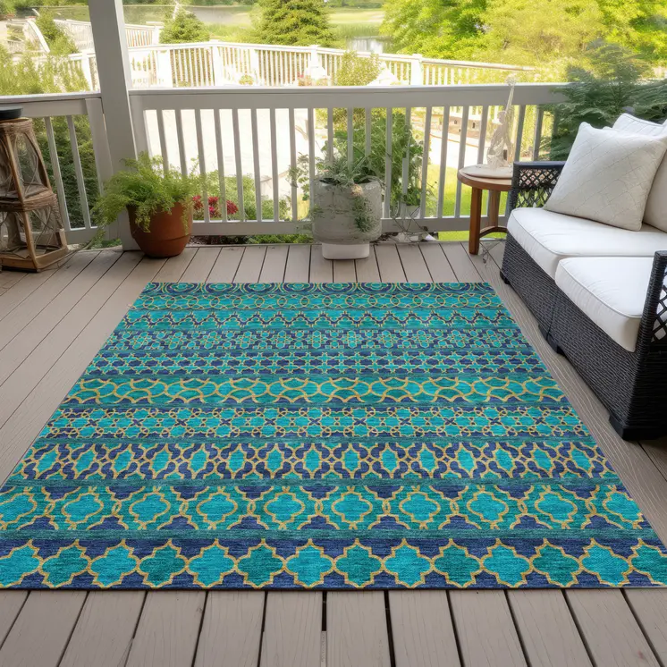 3' X 5' Teal Blue And Navy Blue Quatrefoil Washable Indoor Outdoor Area Rug