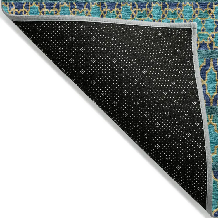 3' X 5' Teal Blue And Navy Blue Quatrefoil Washable Indoor Outdoor Area Rug