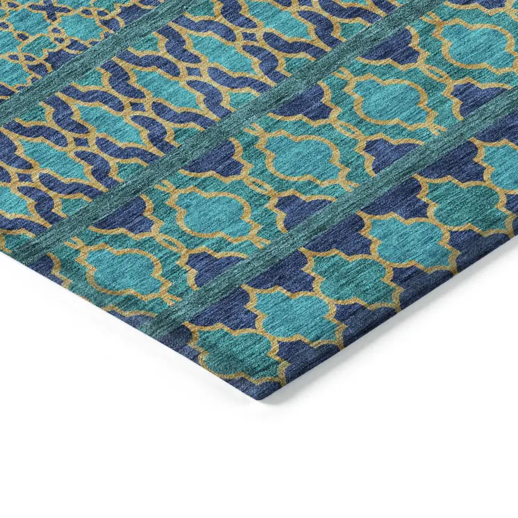 3' X 5' Teal Blue And Navy Blue Quatrefoil Washable Indoor Outdoor Area Rug