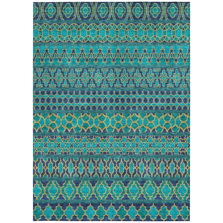 3' X 5' Teal Blue And Navy Blue Quatrefoil Washable Indoor Outdoor Area Rug