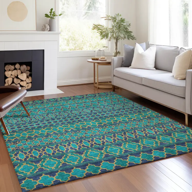 3' X 5' Teal Blue And Navy Blue Quatrefoil Washable Indoor Outdoor Area Rug